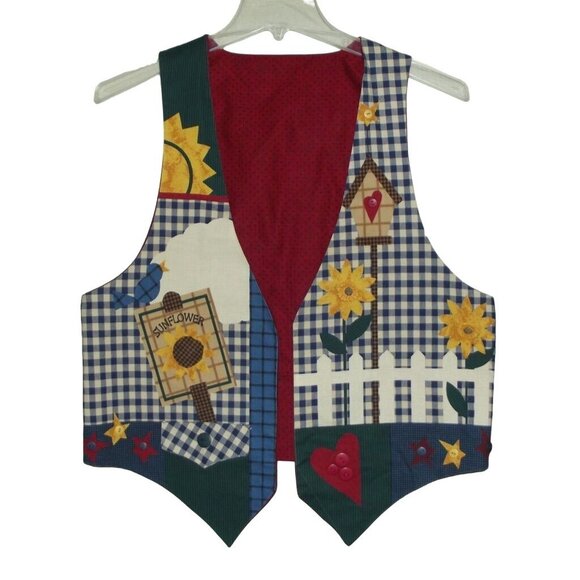 Retro Vest Womens Medium handmade Sunflower plaid Patchwork Country Primitive - Picture 1 of 9